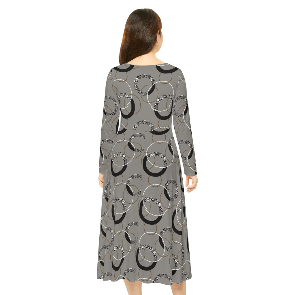 Gray Vintage Hoop Pattern Long-Sleeve Luxury Dress