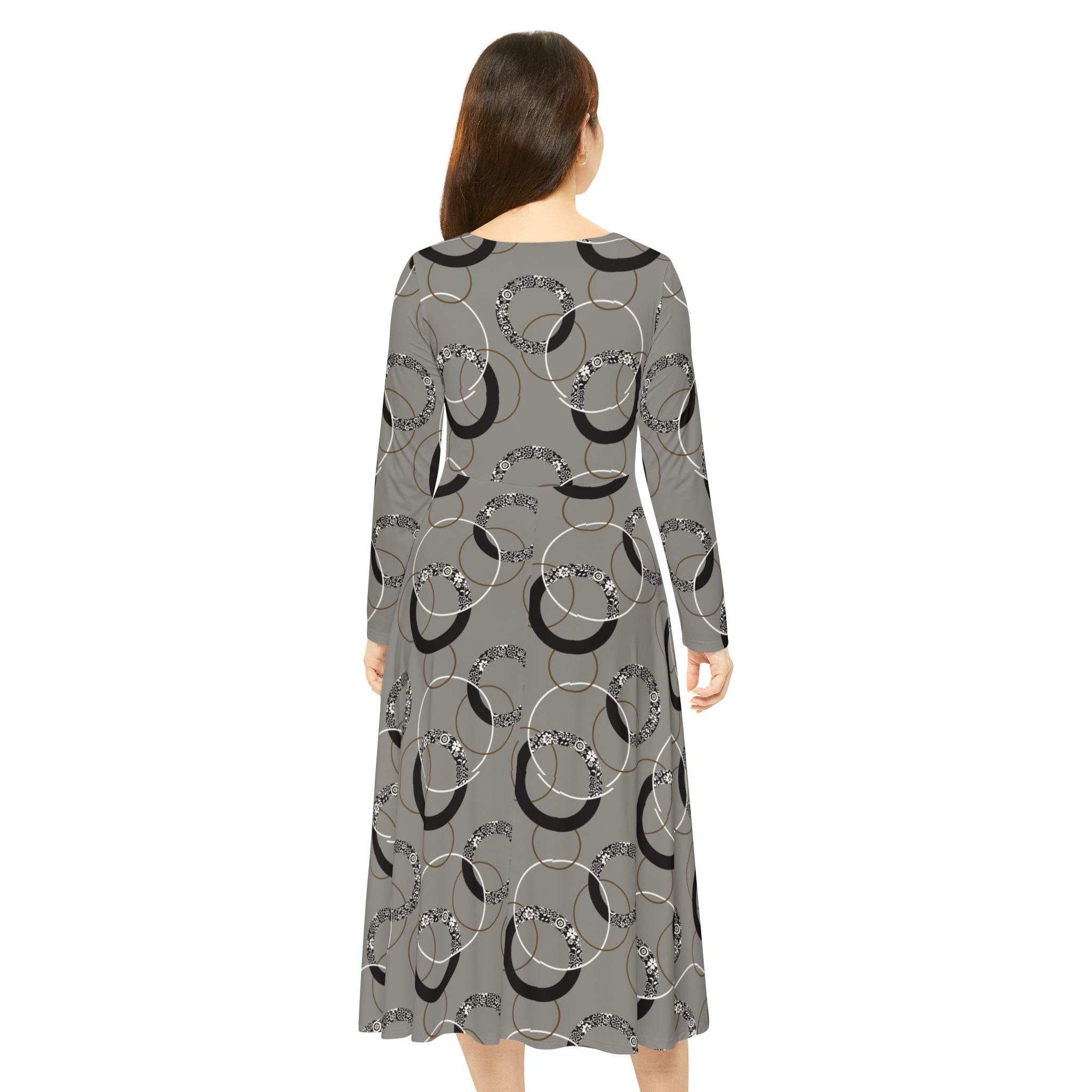Gray Vintage Hoop Pattern Long-Sleeve Luxury Dress