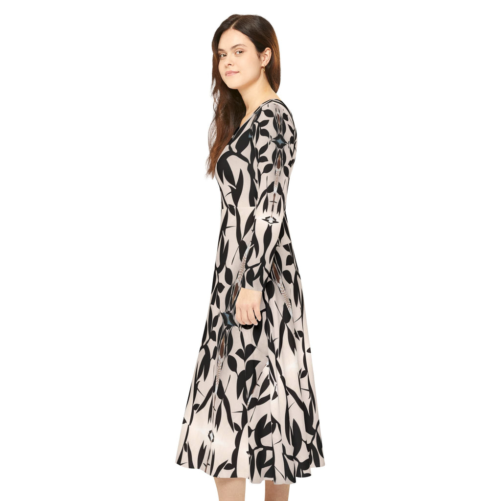 Vestido manga larga para mujer — Estampado geométrico integral en negro y crema