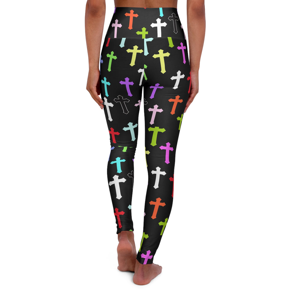 Cross Pattern High-Waist Yoga Leggings — Colorful Crosses on Black