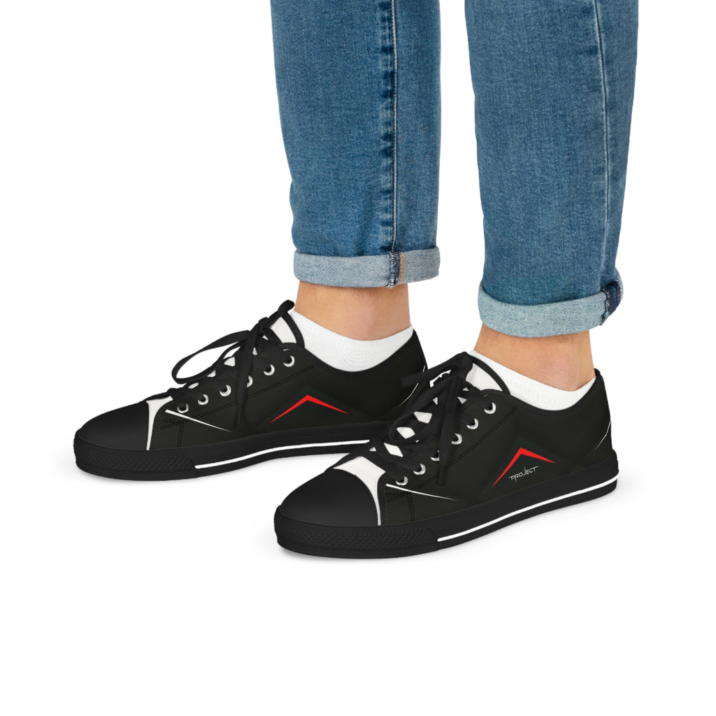 Men's Low Top Sneakers — Black Minimalist Casual Canvas Shoes with Red Accent
