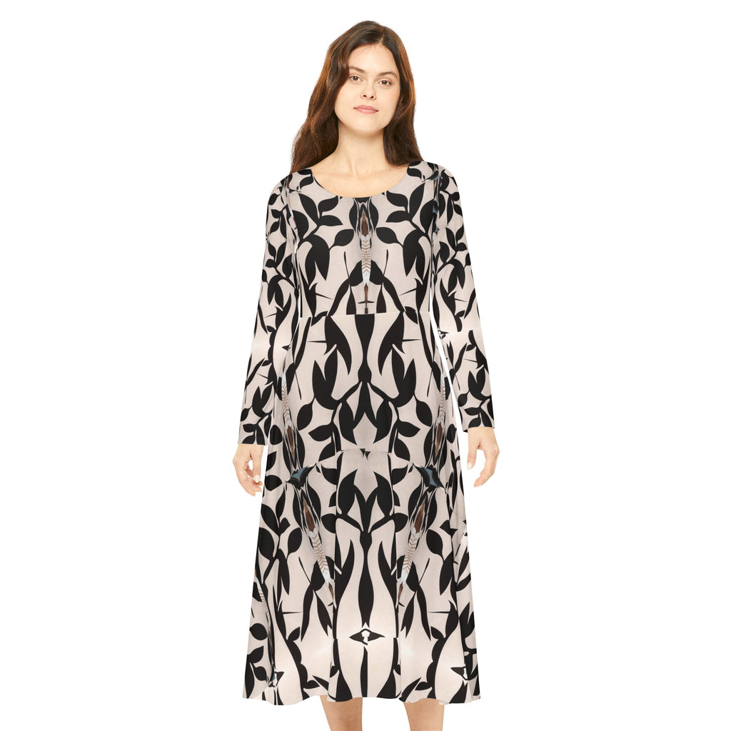 Vestido manga larga para mujer — Estampado geométrico integral en negro y crema