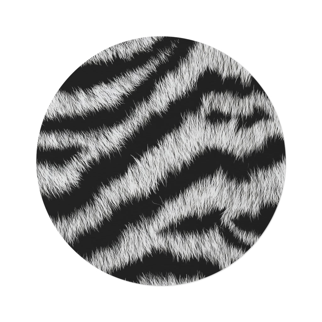 Zebra Print Round Rug — Black & White Faux Fur Accent Mat