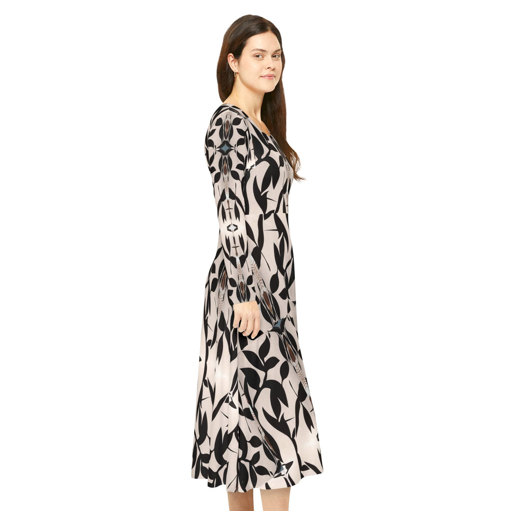 Vestido manga larga para mujer — Estampado geométrico integral en negro y crema