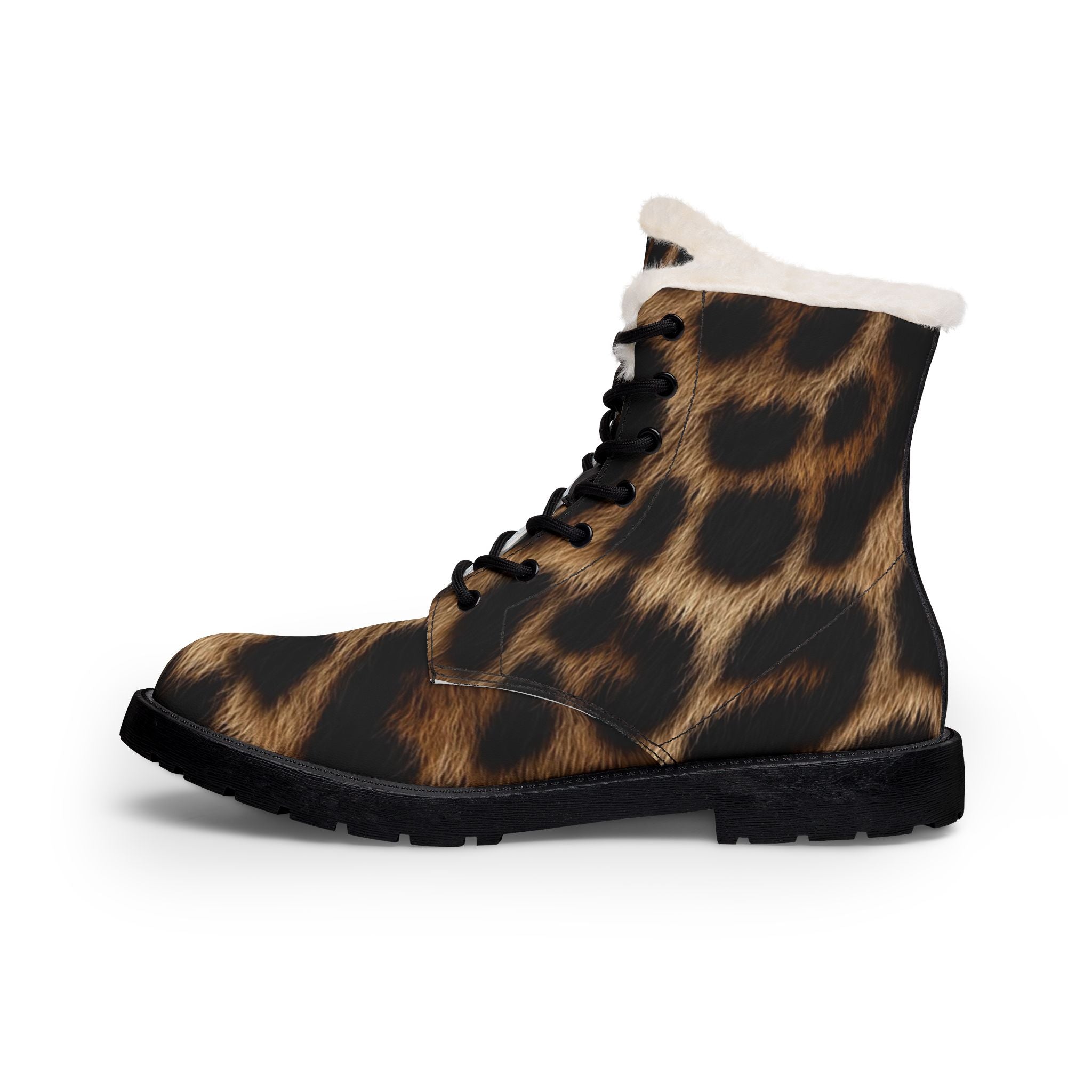 Leopard Print Fur-Lined Leather Boots — Women's Cozy Winter Combat Style