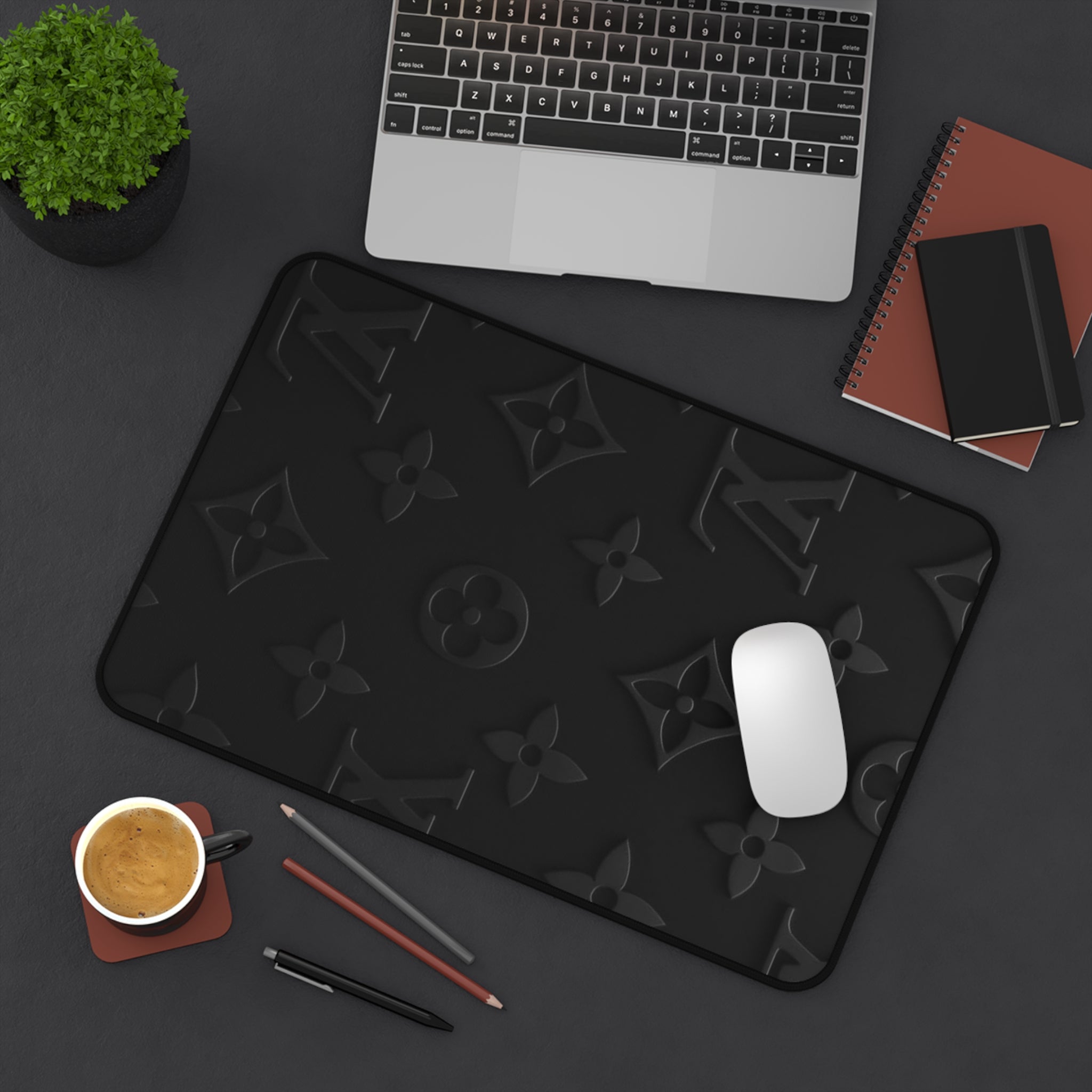 Black Luxe Pattern Desk Mat — Elegant Monogram Texture Mouse Pad