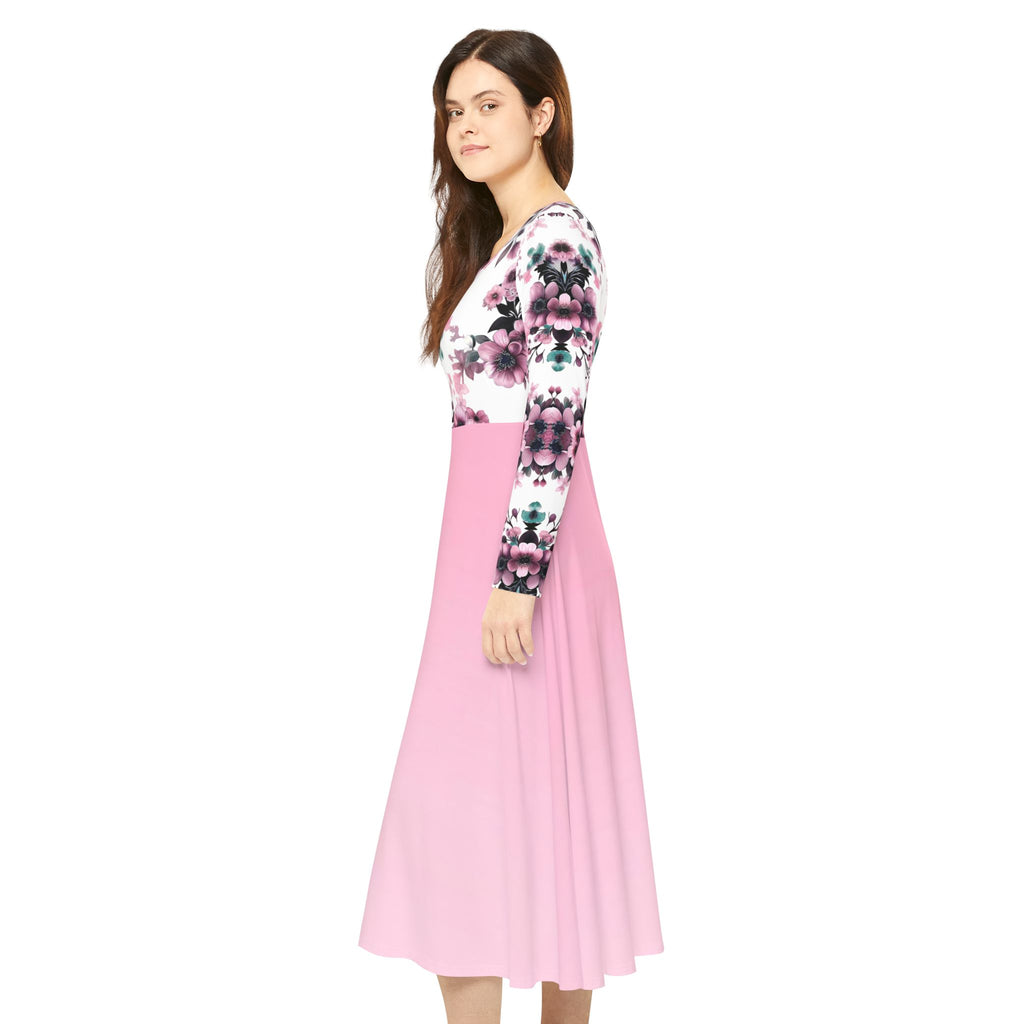 Floral Pink Kaleidoscope Long Sleeve luxury Dress