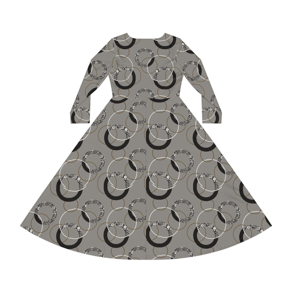 Gray Vintage Hoop Pattern Long-Sleeve Luxury Dress