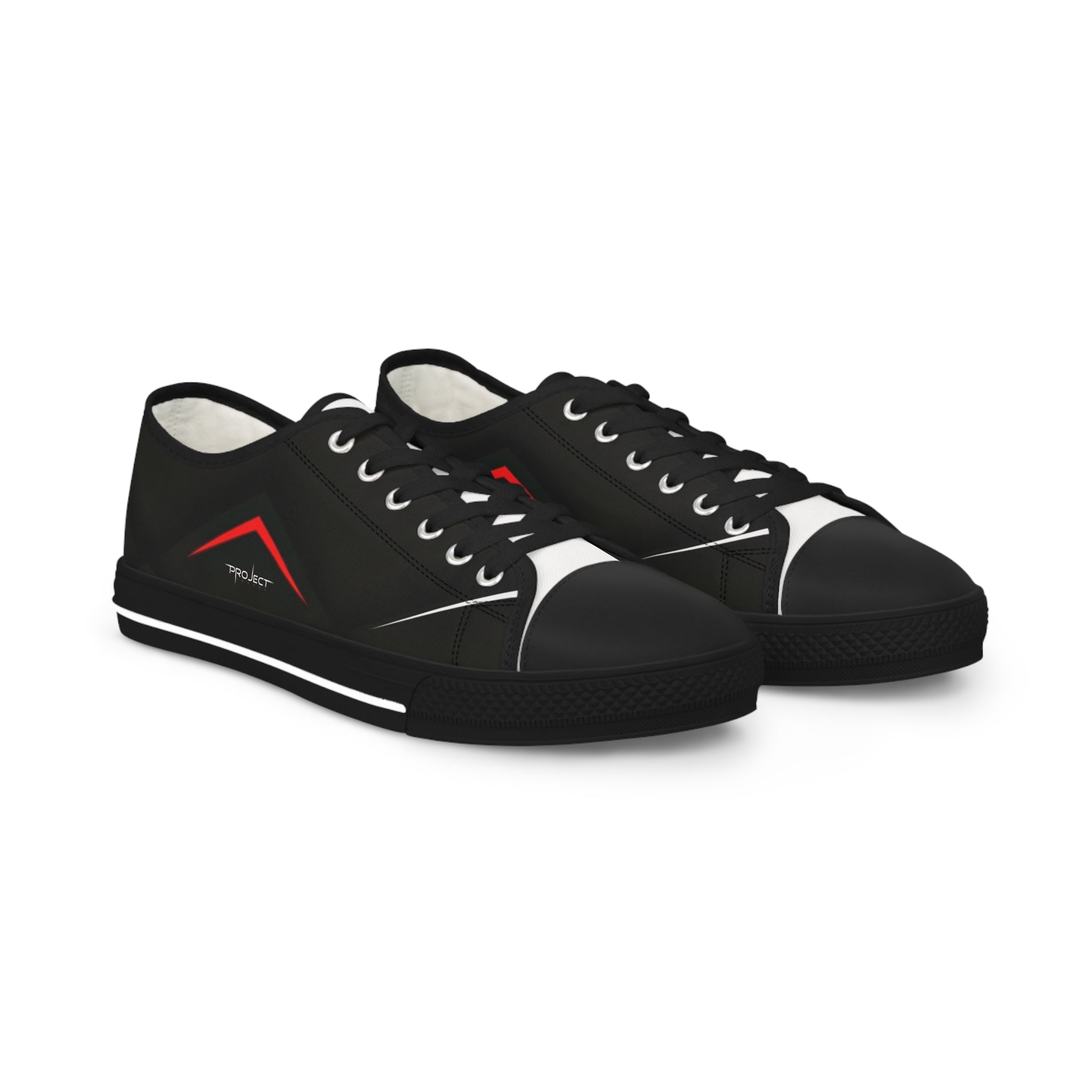 Men's Low Top Sneakers — Black Minimalist Casual Canvas Shoes with Red Accent