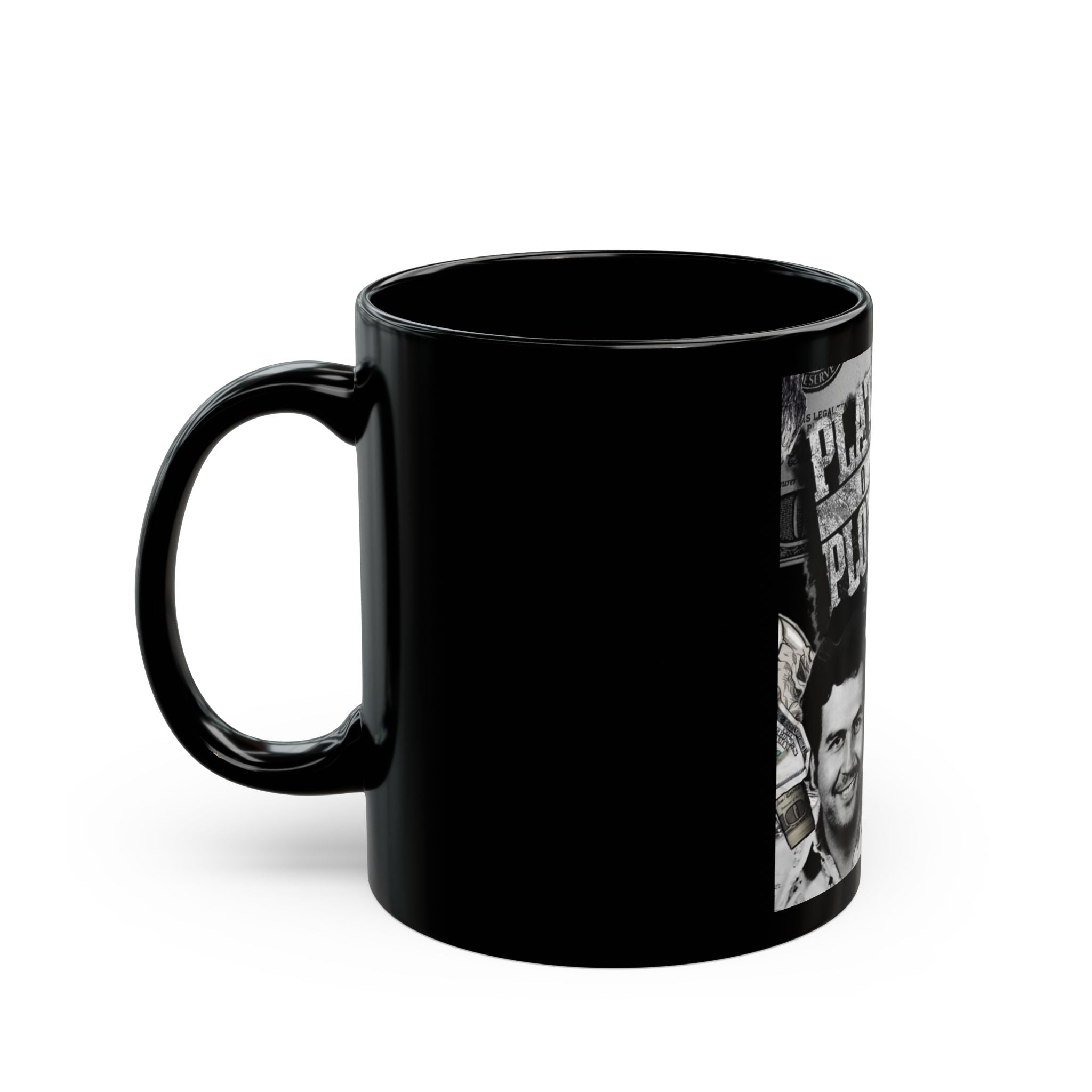Black Ceramic Mug — Vintage Crime Collage "Plata o Plomo" Design (11oz/15oz)