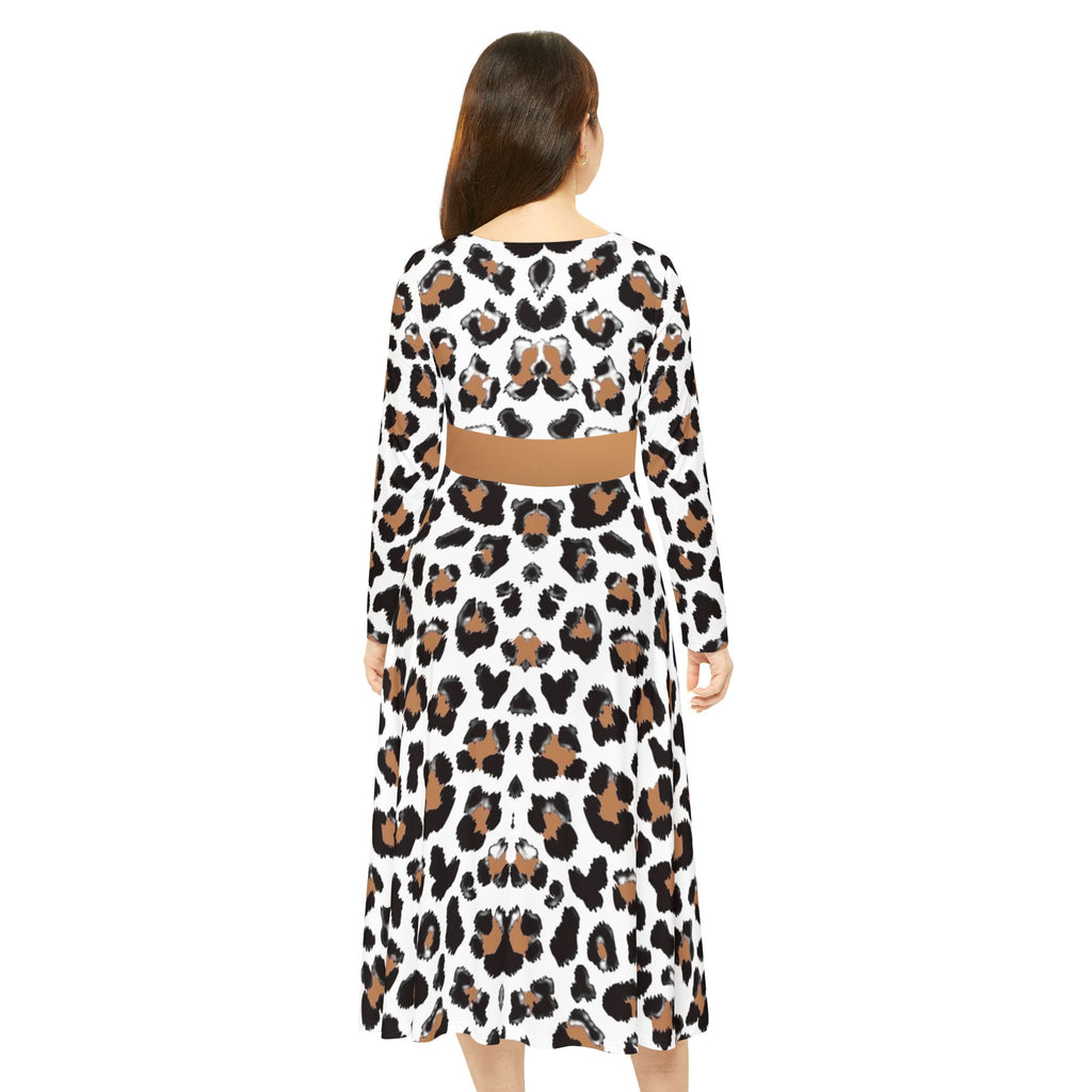 Leopard Print Long-Sleeve Luxury Dress — Flared A-Line Skirt, Animal Print Performance Wear