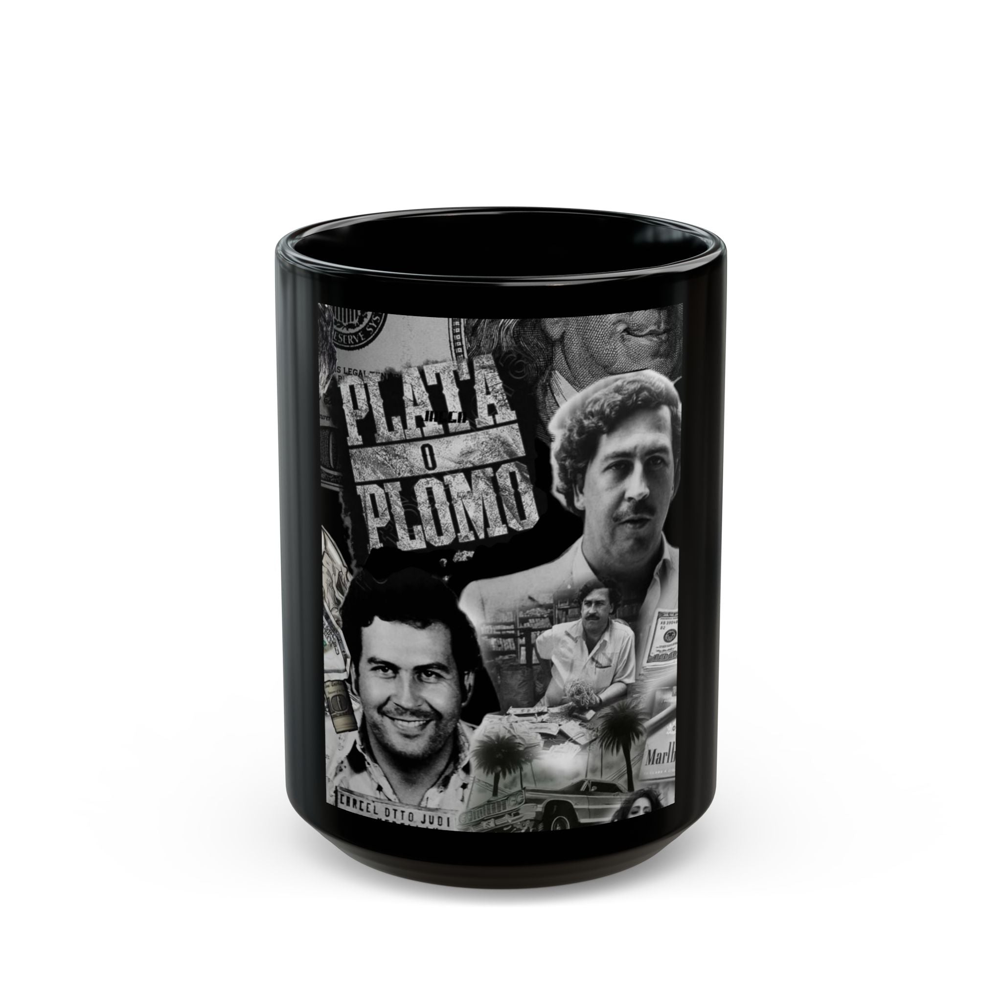 Black Ceramic Mug — Vintage Crime Collage "Plata o Plomo" Design (11oz/15oz)