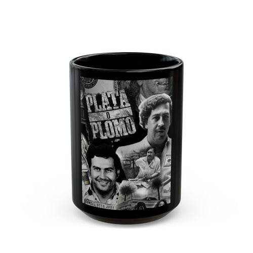 Black Ceramic Mug — Vintage Crime Collage "Plata o Plomo" Design (11oz/15oz)