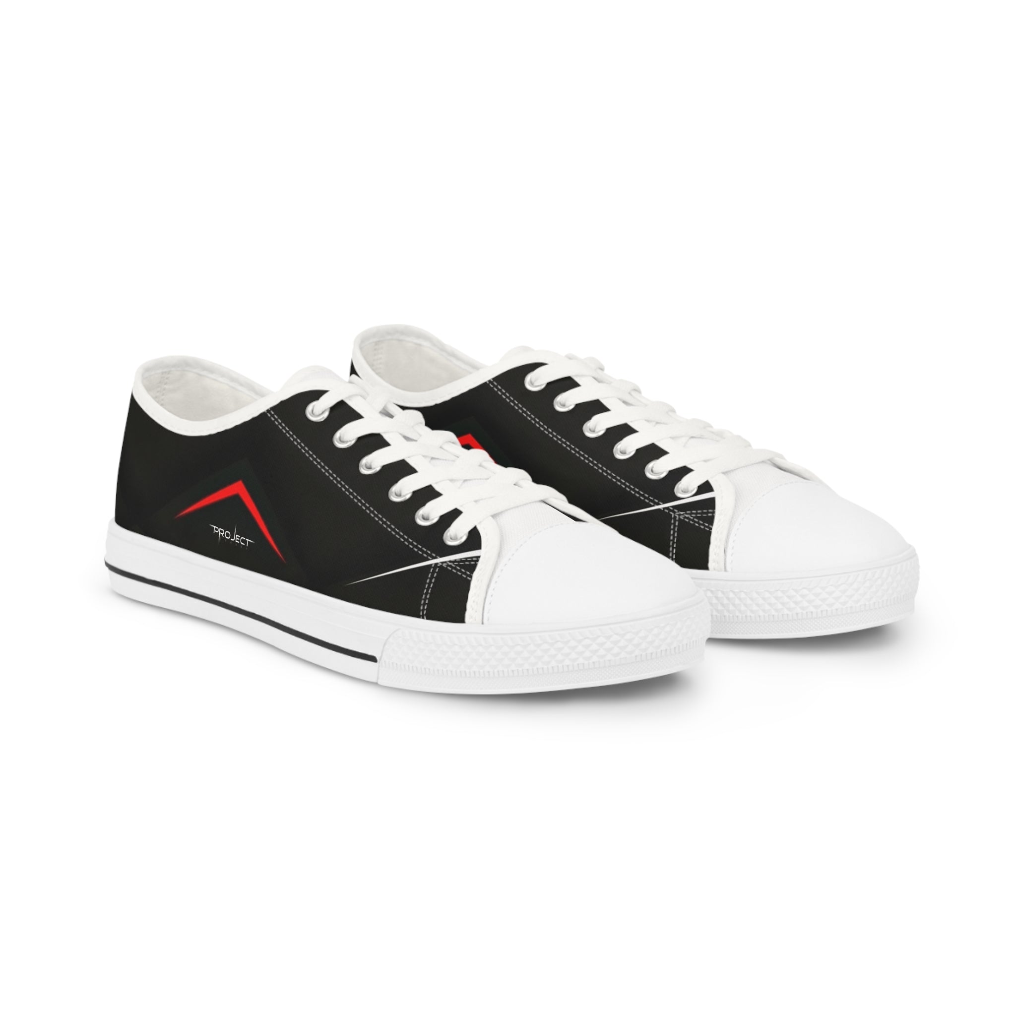 Men's Low Top Sneakers — Black Minimalist Casual Canvas Shoes with Red Accent
