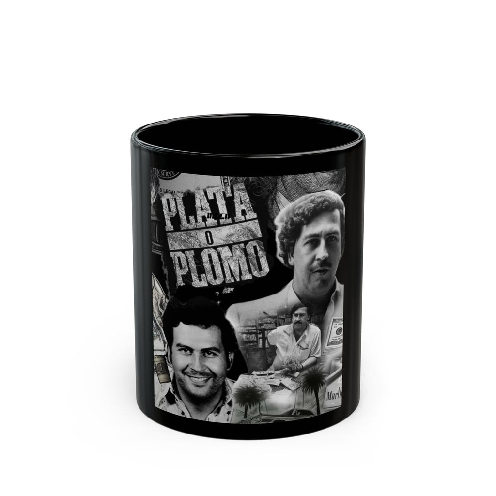 Black Ceramic Mug — Vintage Crime Collage "Plata o Plomo" Design (11oz/15oz)