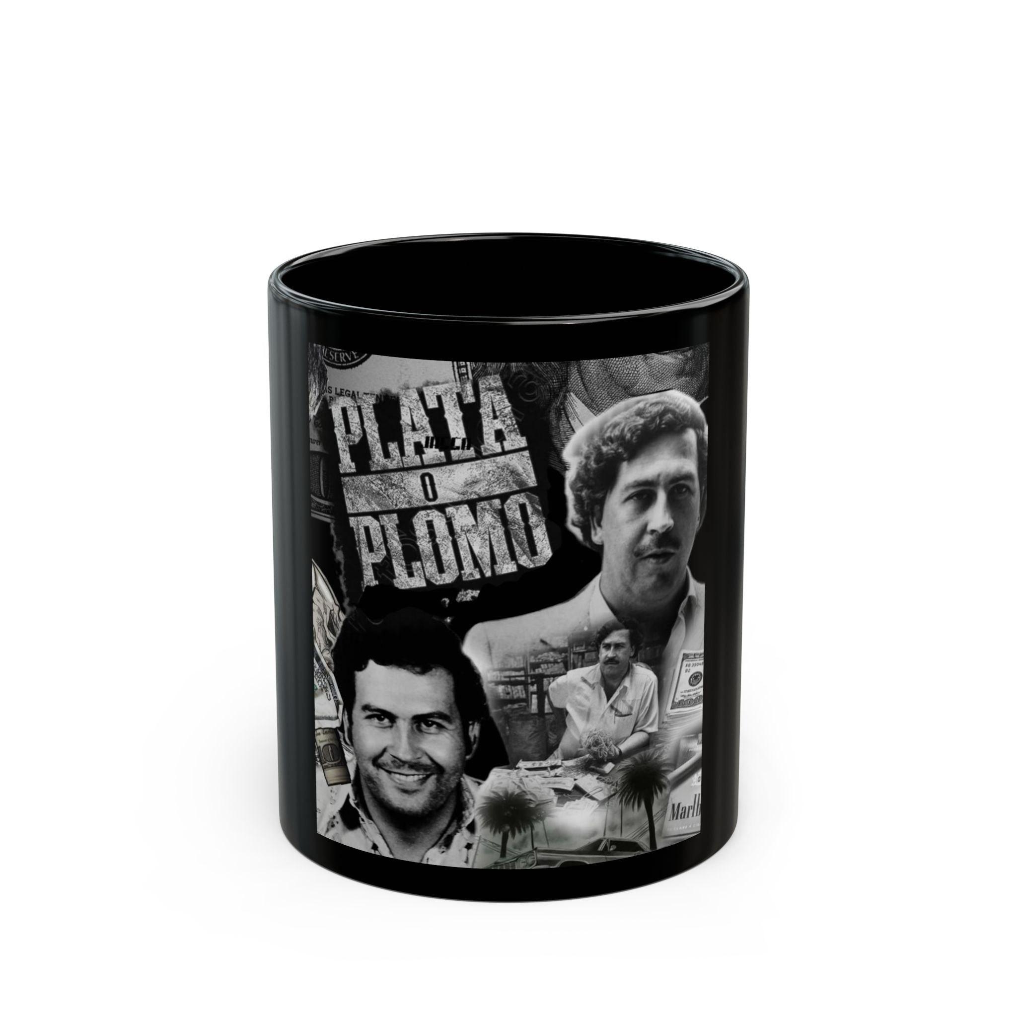 Black Ceramic Mug — Vintage Crime Collage "Plata o Plomo" Design (11oz/15oz)
