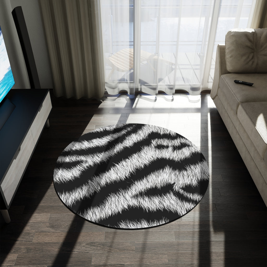 Zebra Print Round Rug — Black & White Faux Fur Accent Mat