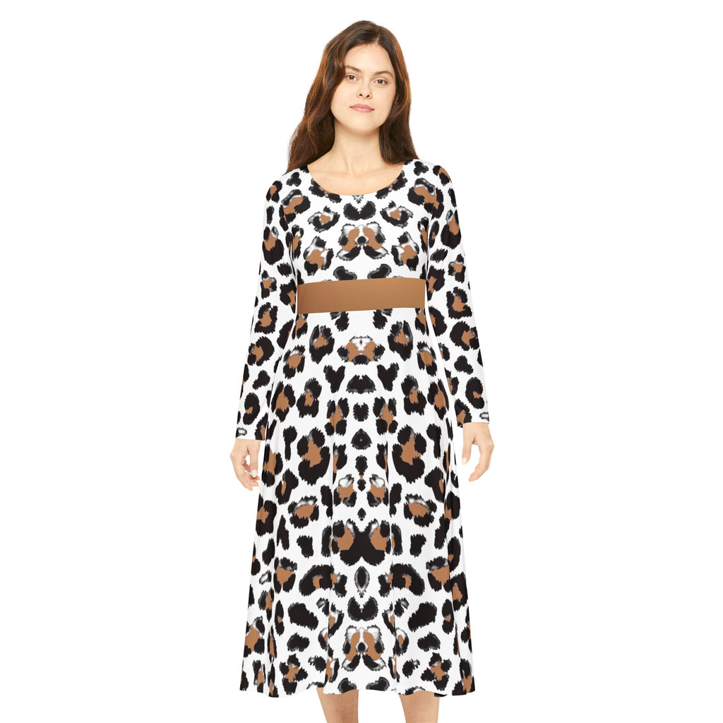 Leopard Print Long-Sleeve Luxury Dress — Flared A-Line Skirt, Animal Print Performance Wear