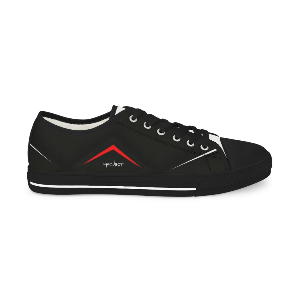 Men's Low Top Sneakers — Black Minimalist Casual Canvas Shoes with Red Accent