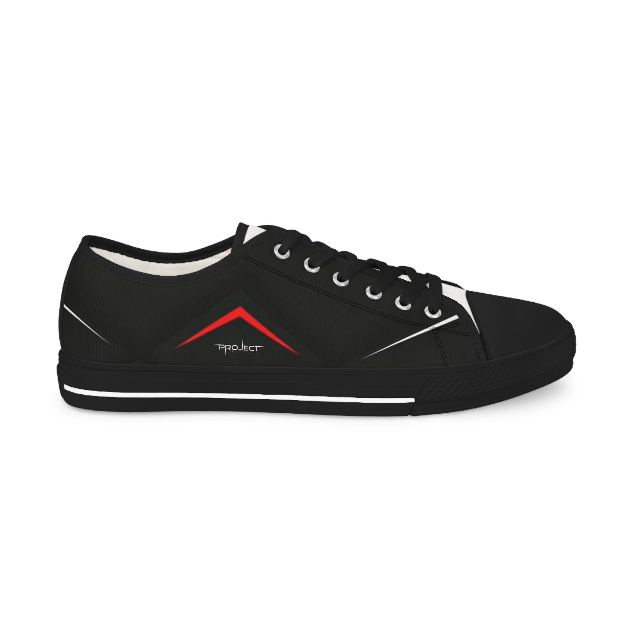 Men's Low Top Sneakers — Black Minimalist Casual Canvas Shoes with Red Accent