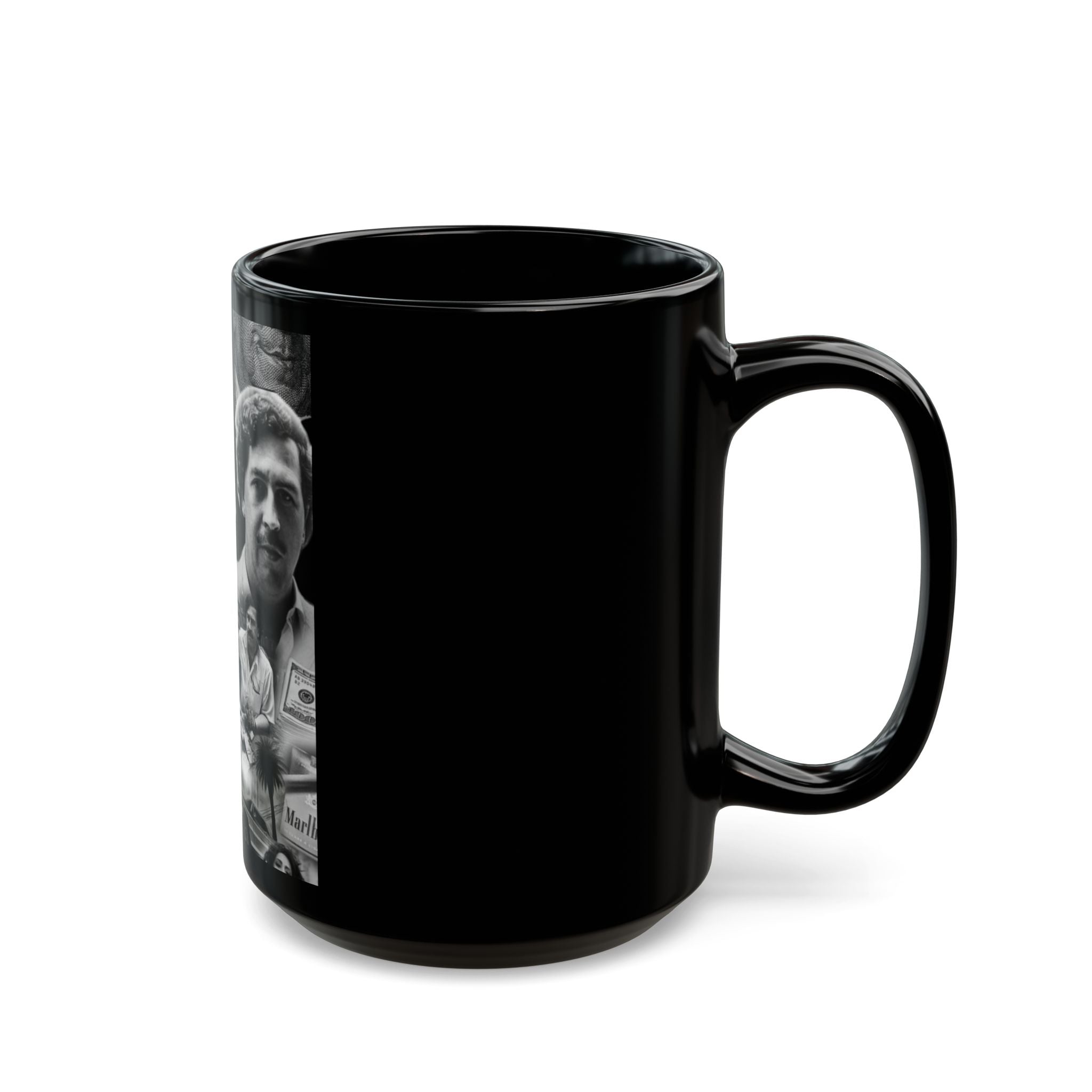 Black Ceramic Mug — Vintage Crime Collage "Plata o Plomo" Design (11oz/15oz)