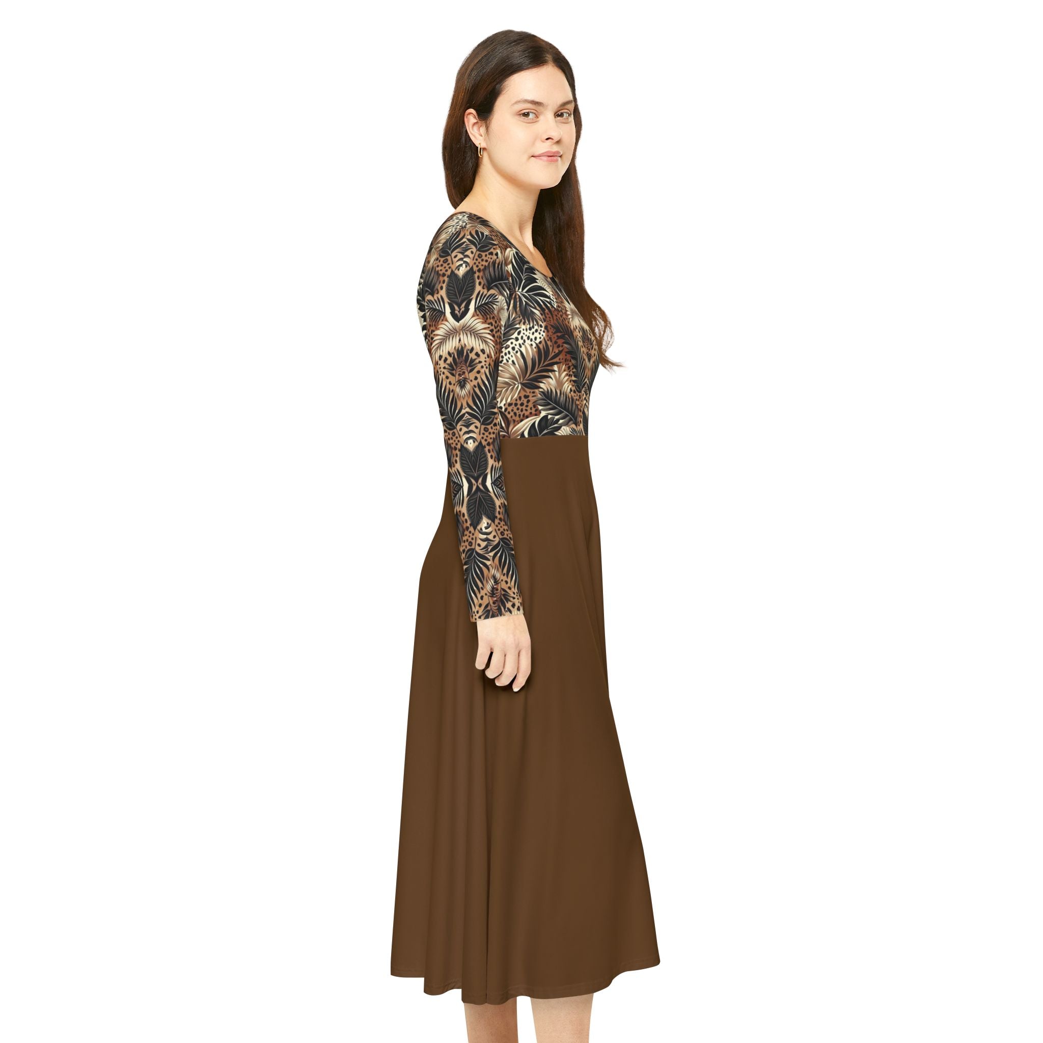 Boho Feather Print Long Sleeve luxury Dress — Full Circle Skirt