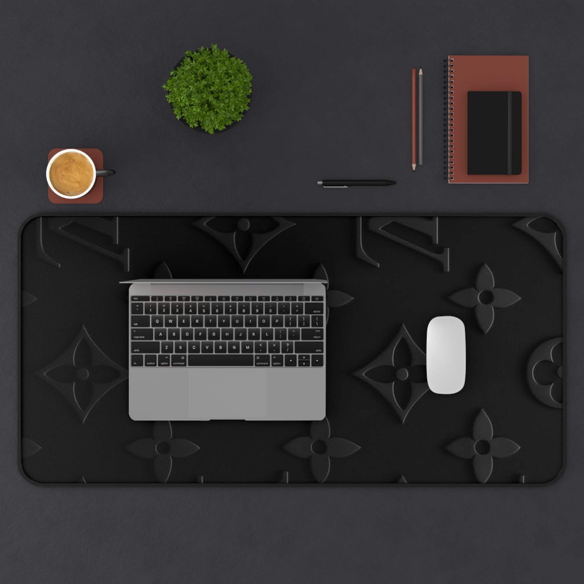 Black Luxe Pattern Desk Mat — Elegant Monogram Texture Mouse Pad