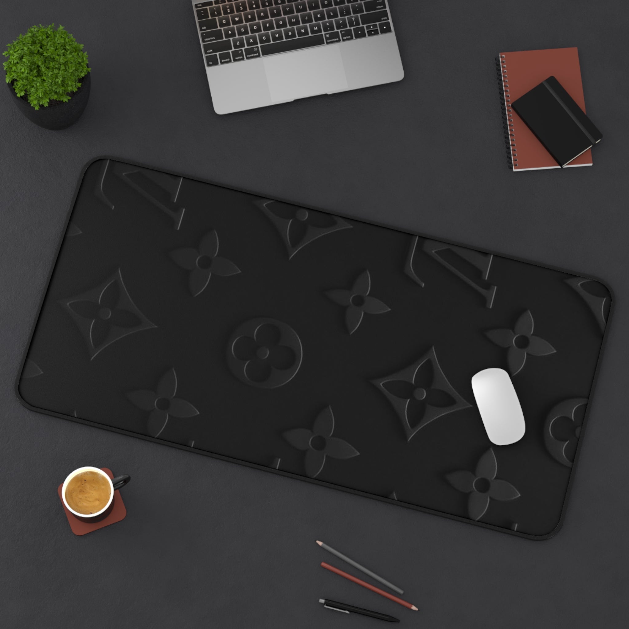 Black Luxe Pattern Desk Mat — Elegant Monogram Texture Mouse Pad