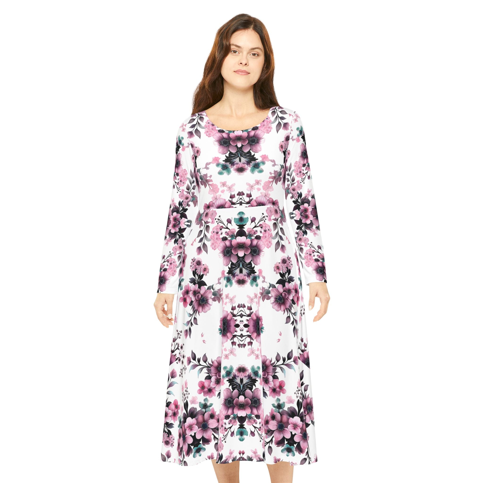 Floral Pink Kaleidoscope Long Sleeve luxury Dress