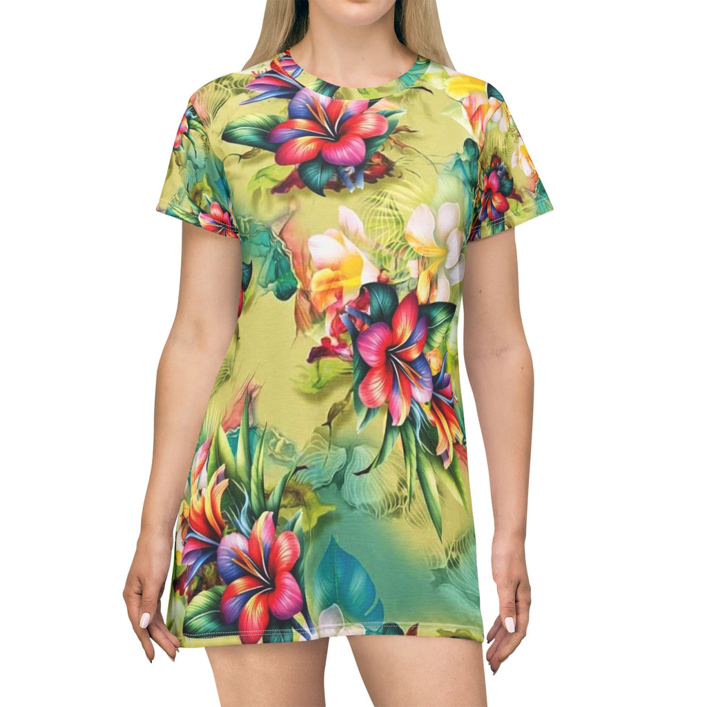Floral Tropical T-Shirt Dress – Vibrant Hibiscus All-Over Print