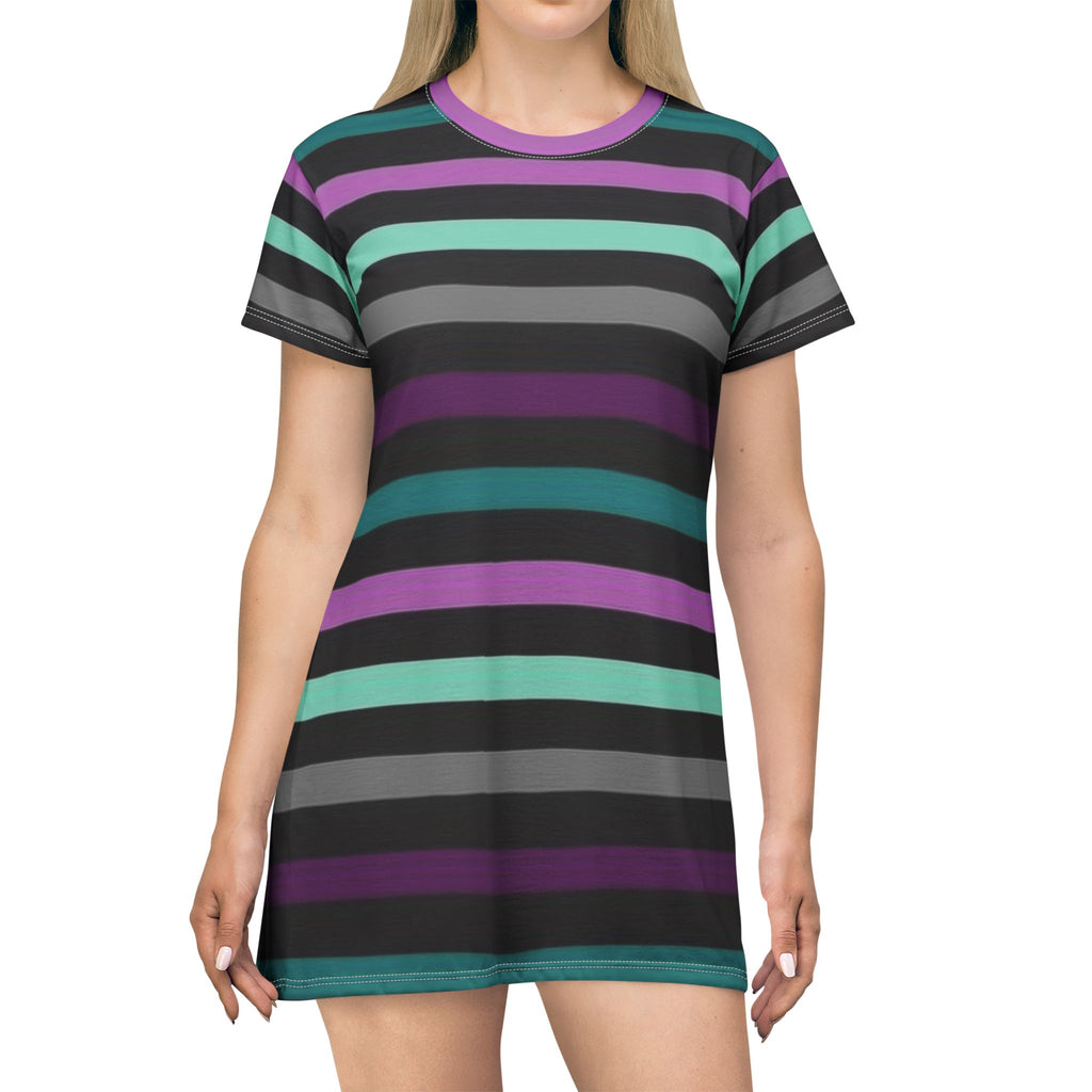 Striped Pastel Goth T-Shirt Dress — Black, Teal & Purple All-Over Print