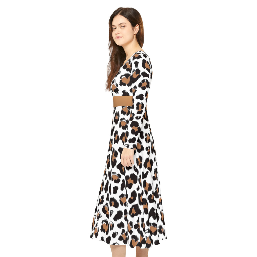 Leopard Print Long-Sleeve Luxury Dress — Flared A-Line Skirt, Animal Print Performance Wear