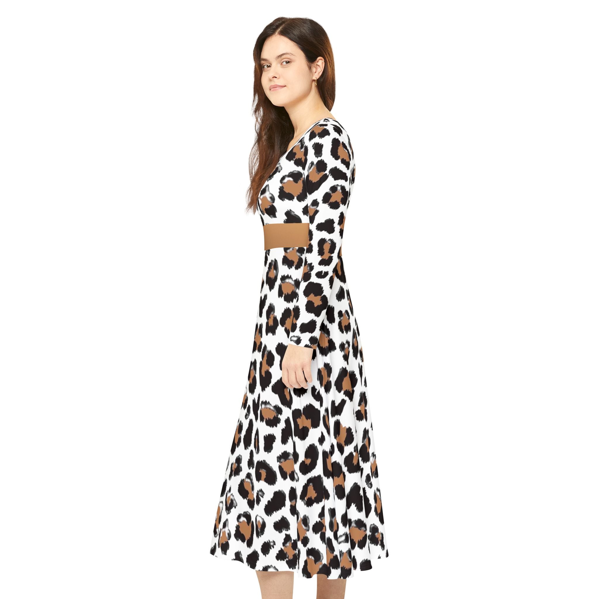 Leopard Print Long-Sleeve Luxury Dress — Flared A-Line Skirt, Animal Print Performance Wear