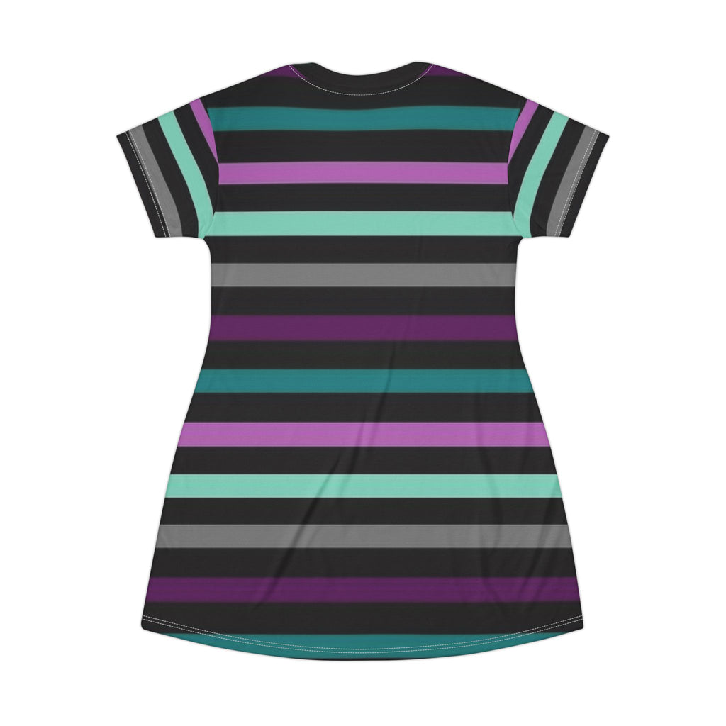 Striped Pastel Goth T-Shirt Dress — Black, Teal & Purple All-Over Print