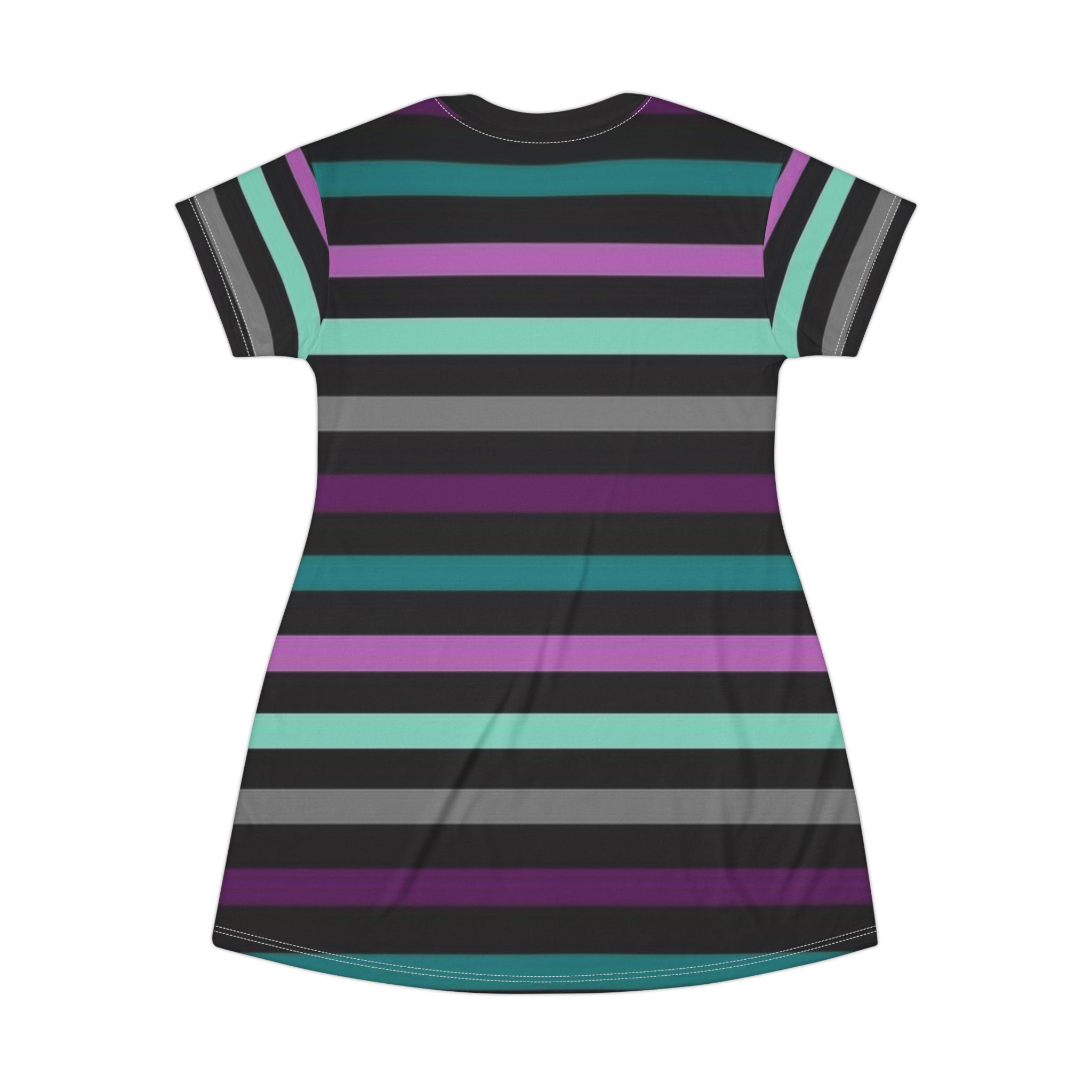 Striped Pastel Goth T-Shirt Dress — Black, Teal & Purple All-Over Print