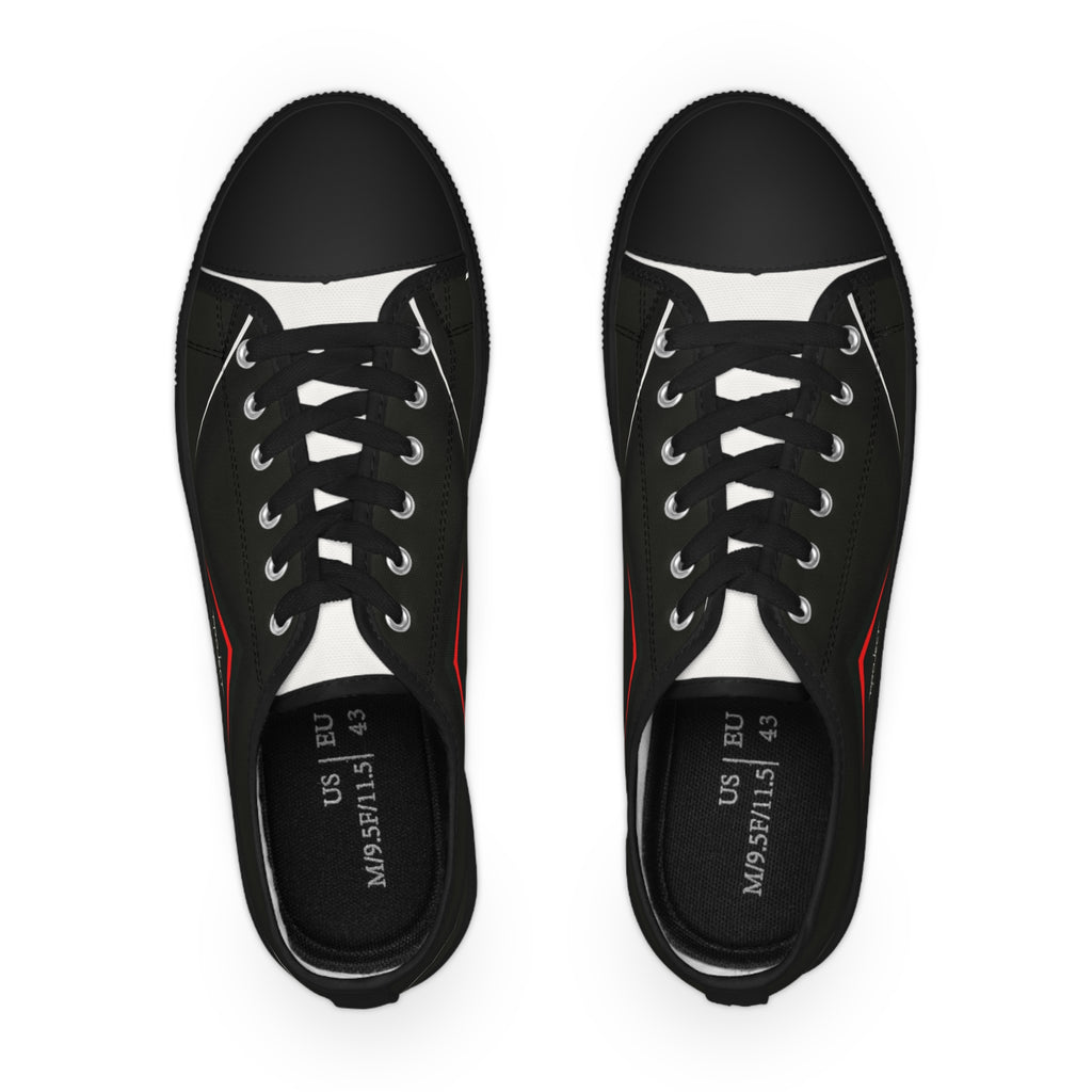 Men's Low Top Sneakers — Black Minimalist Casual Canvas Shoes with Red Accent