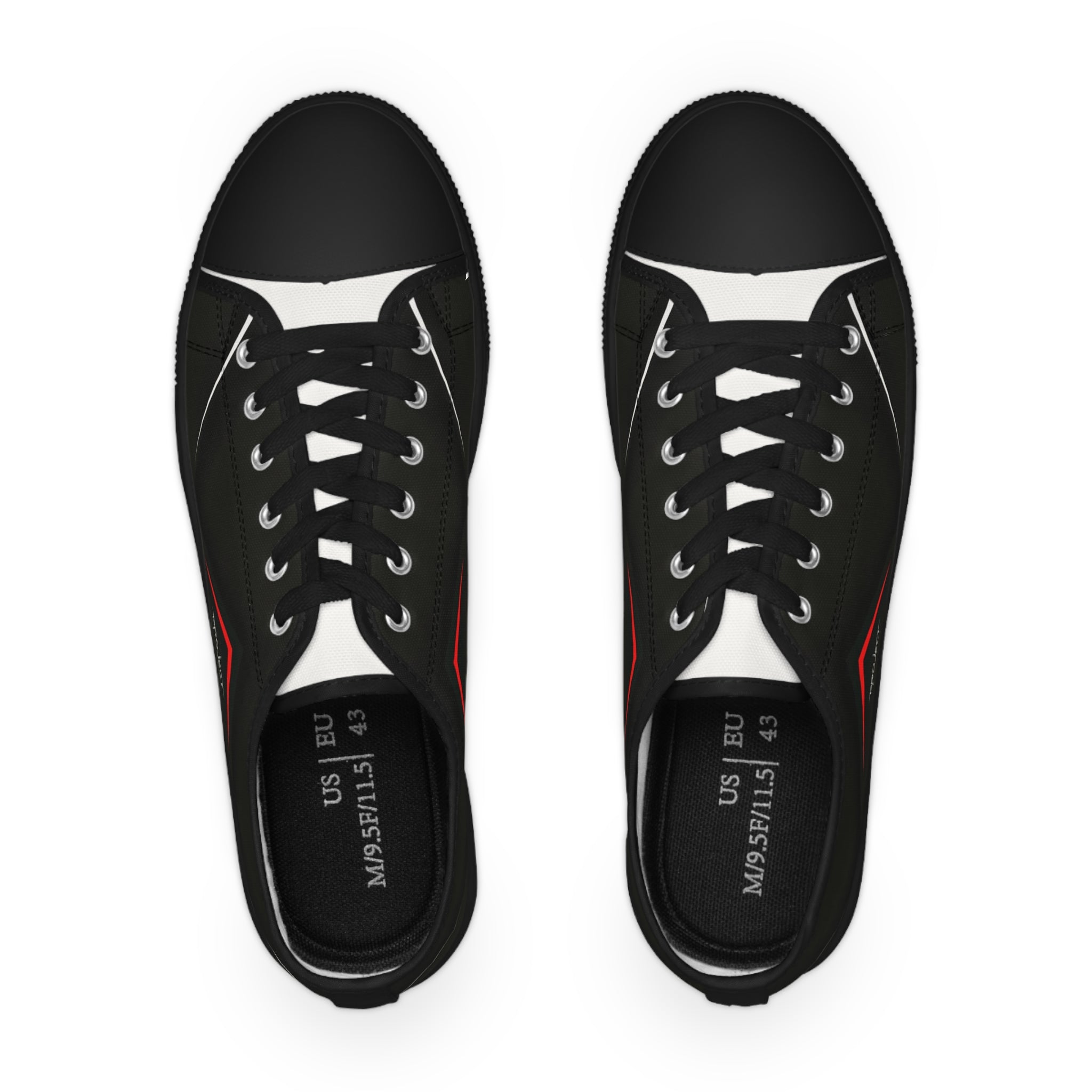 Men's Low Top Sneakers — Black Minimalist Casual Canvas Shoes with Red Accent