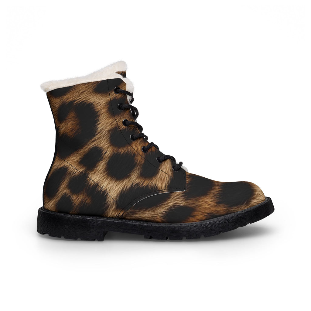 Leopard Print Fur-Lined Leather Boots — Women's Cozy Winter Combat Style