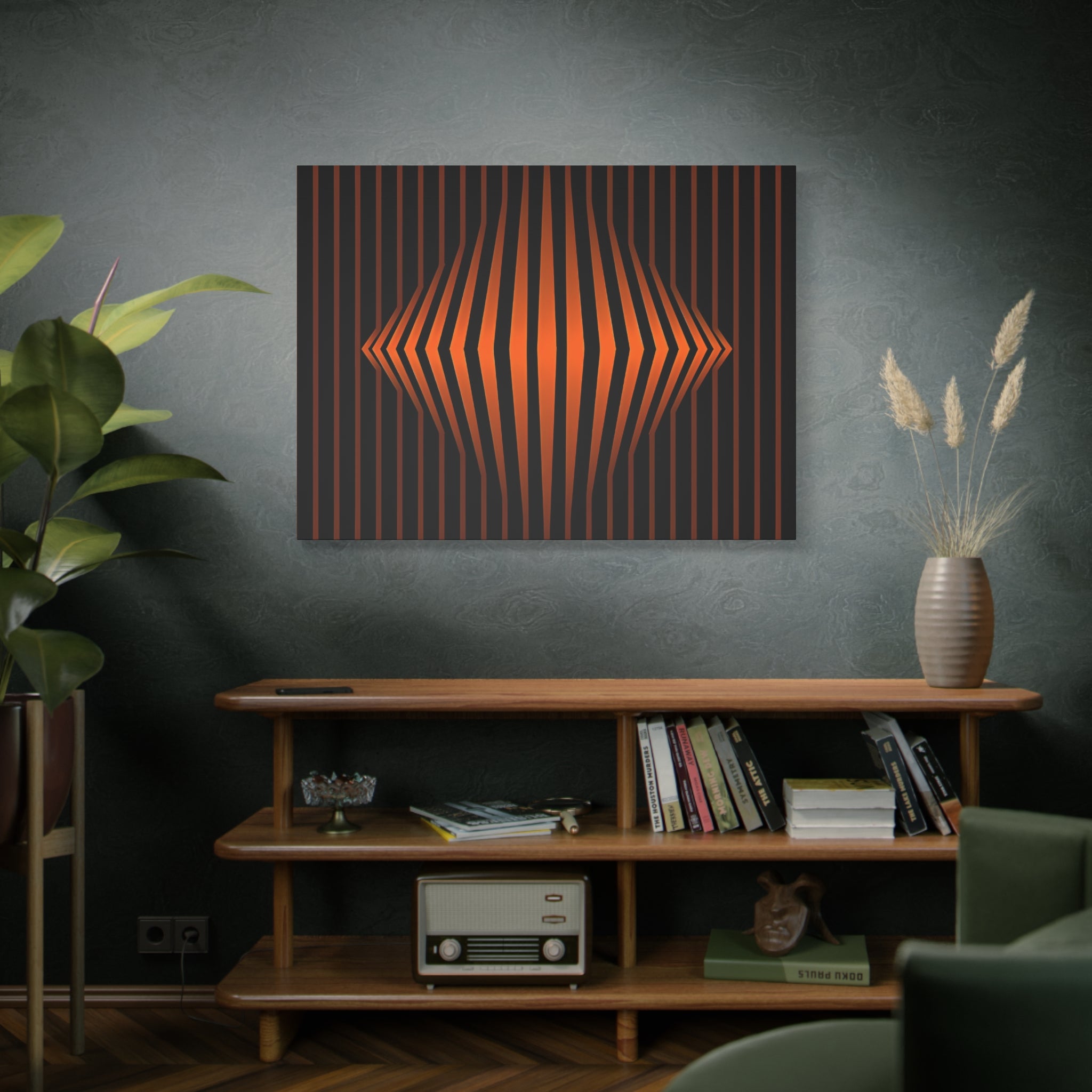 Optical Orange Stripe Canvas Wall Art – Geometric Mid-Century Abstract