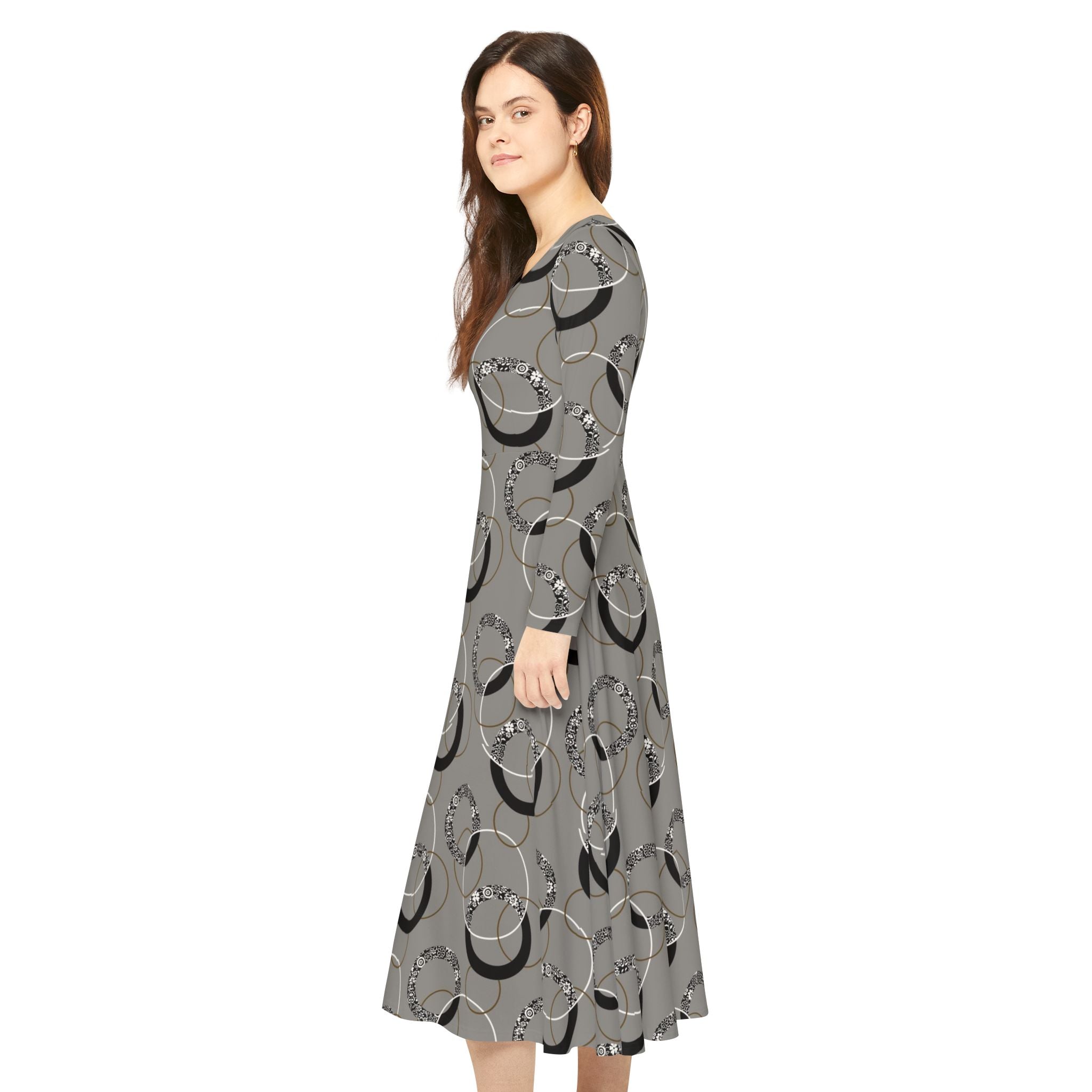 Gray Vintage Hoop Pattern Long-Sleeve Luxury Dress