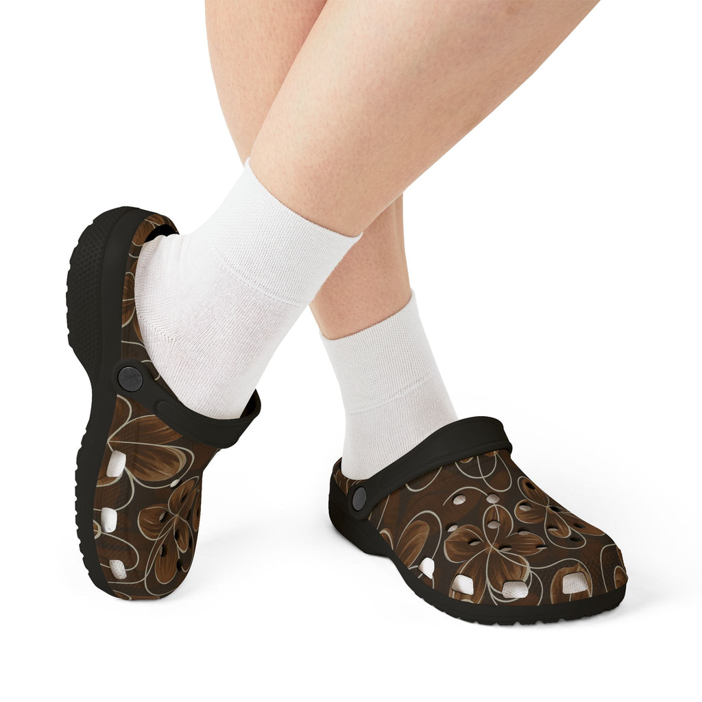 Brown Floral EVA Foam Clogs — Comfortable Garden Slip-On Shoes