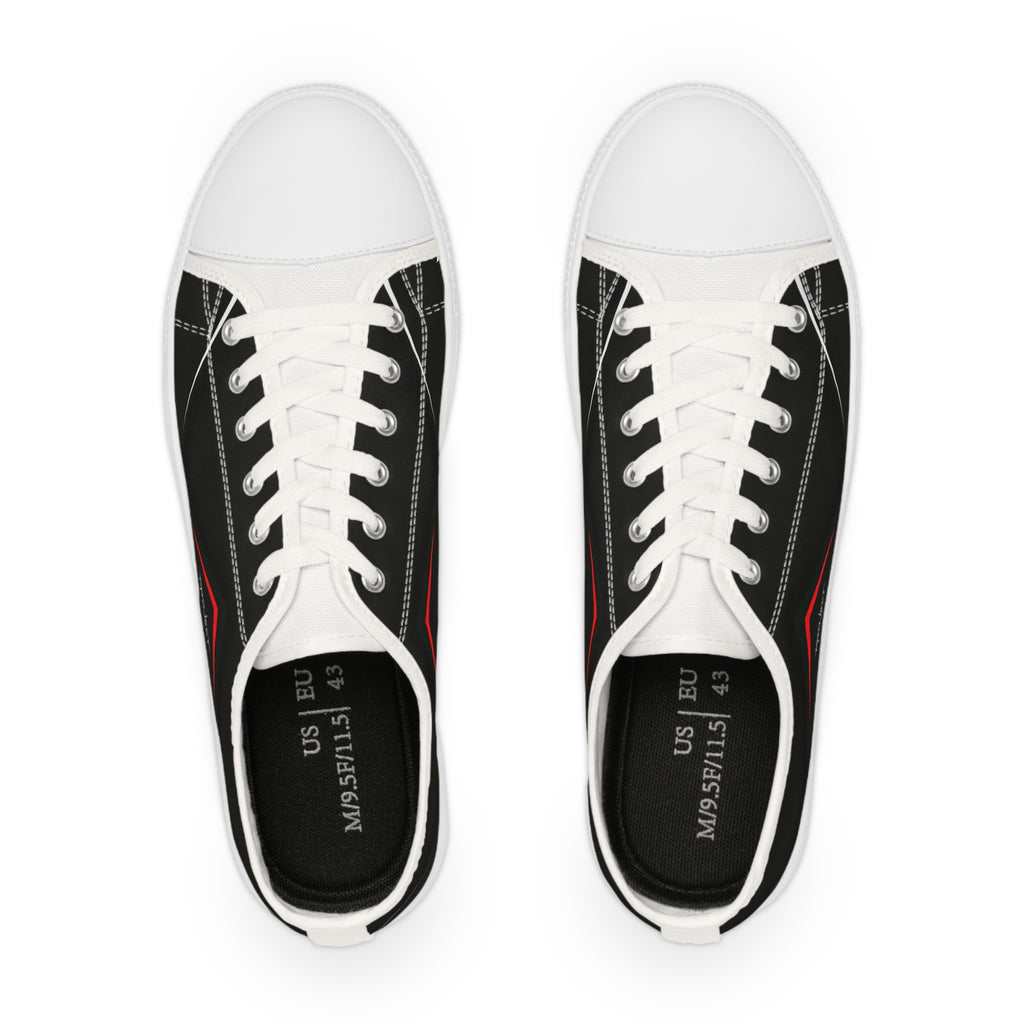 Men's Low Top Sneakers — Black Minimalist Casual Canvas Shoes with Red Accent