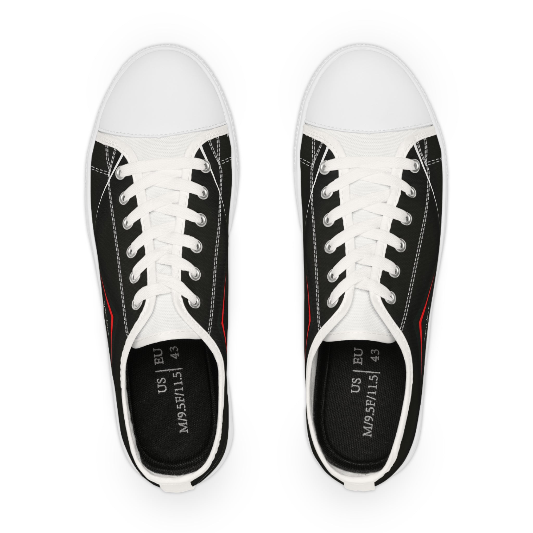 Men's Low Top Sneakers — Black Minimalist Casual Canvas Shoes with Red Accent