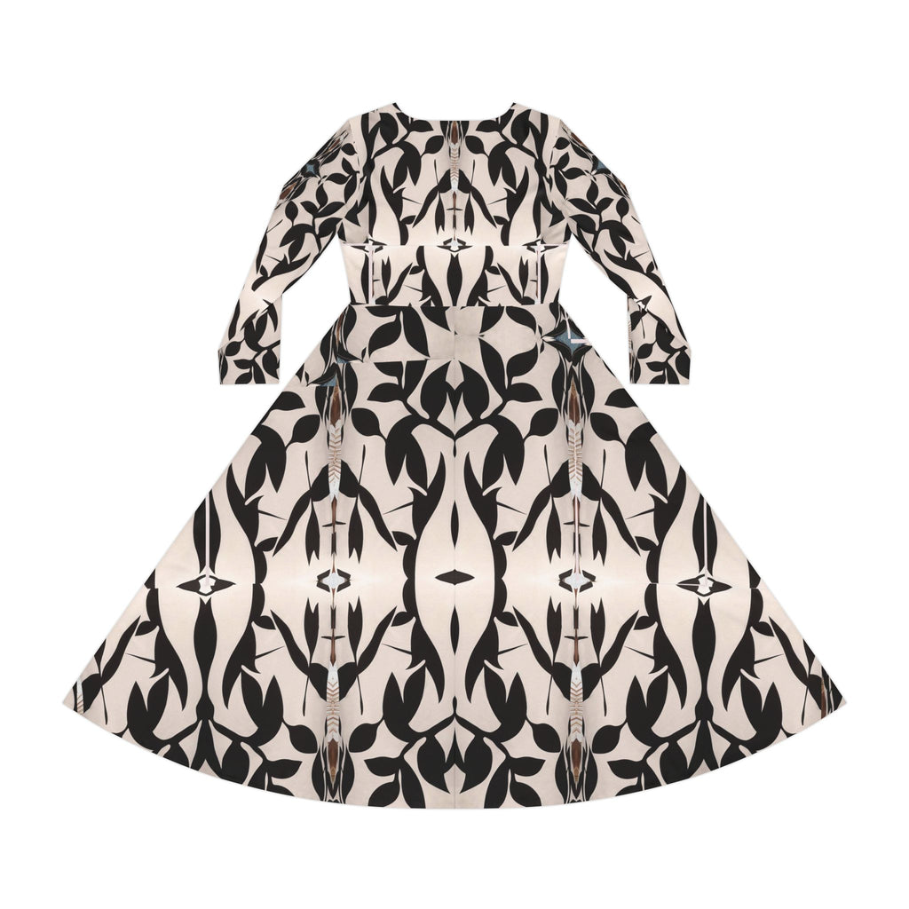 Vestido manga larga para mujer — Estampado geométrico integral en negro y crema