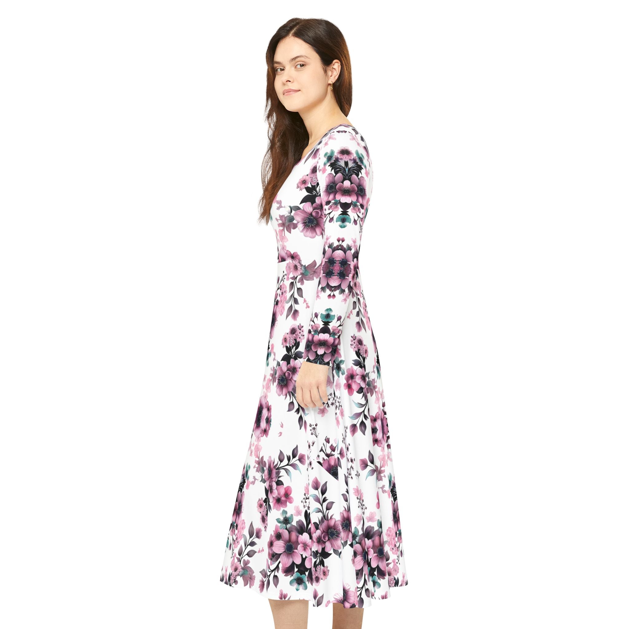 Floral Pink Kaleidoscope Long Sleeve luxury Dress