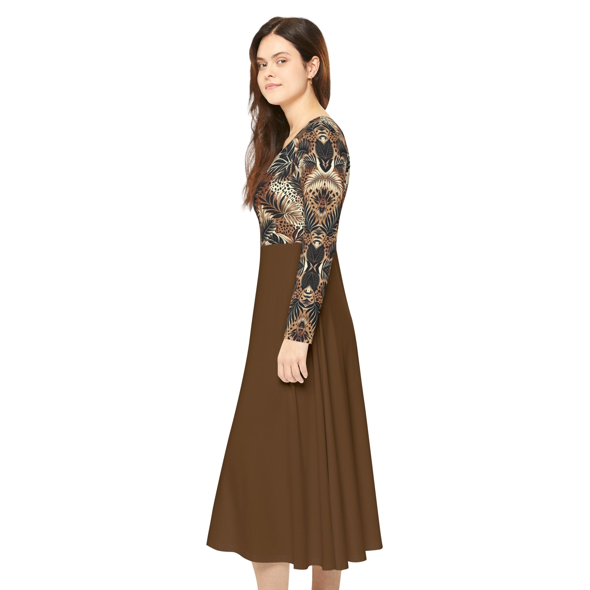 Boho Feather Print Long Sleeve luxury Dress — Full Circle Skirt
