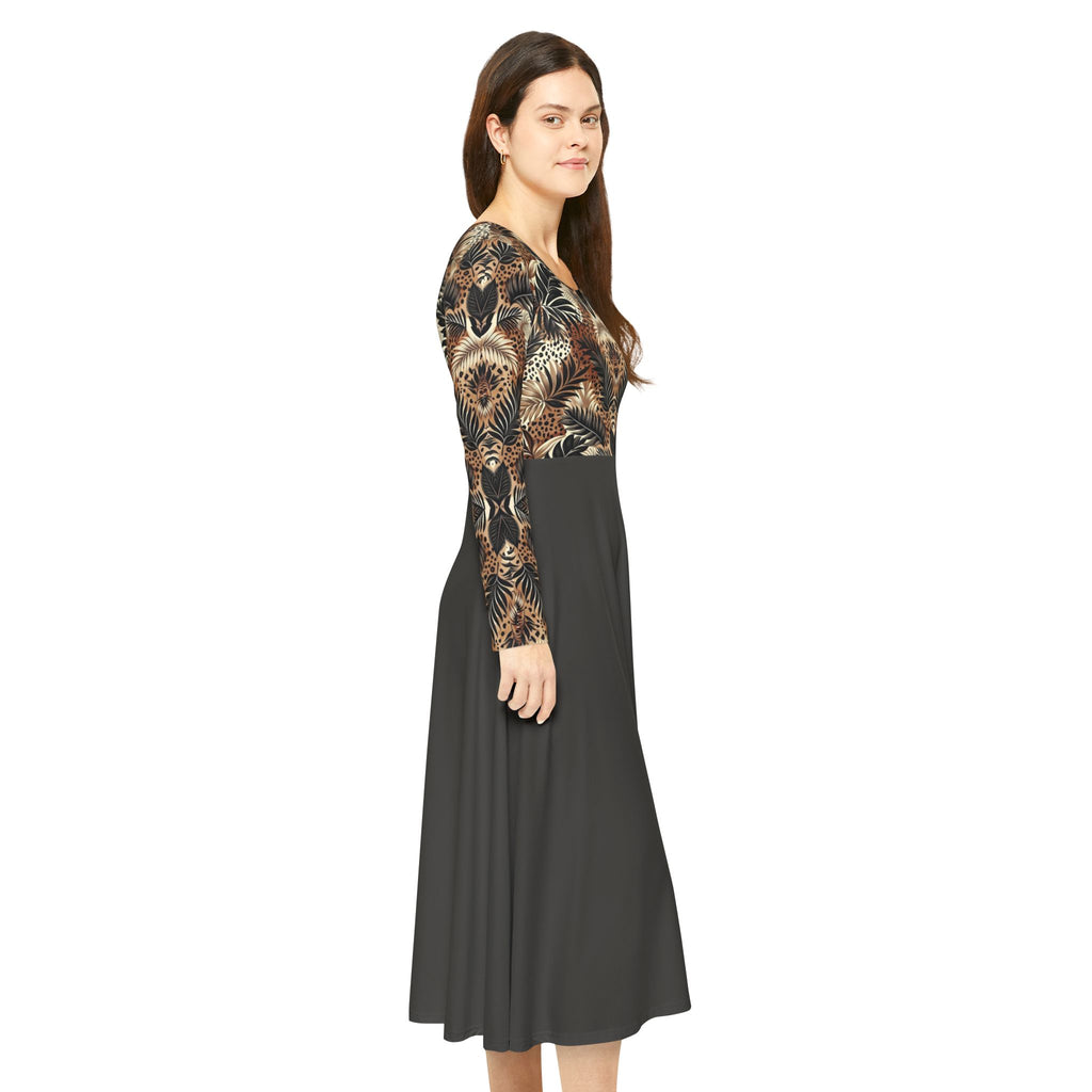 Boho Feather Print Long Sleeve luxury Dress — Full Circle Skirt