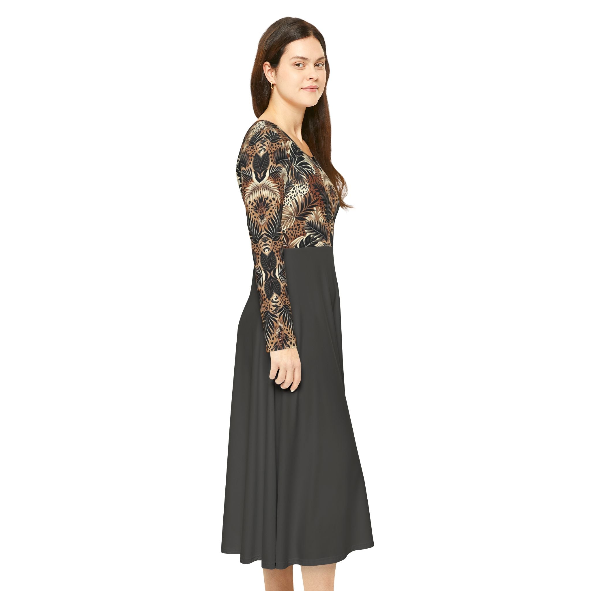 Boho Feather Print Long Sleeve luxury Dress — Full Circle Skirt