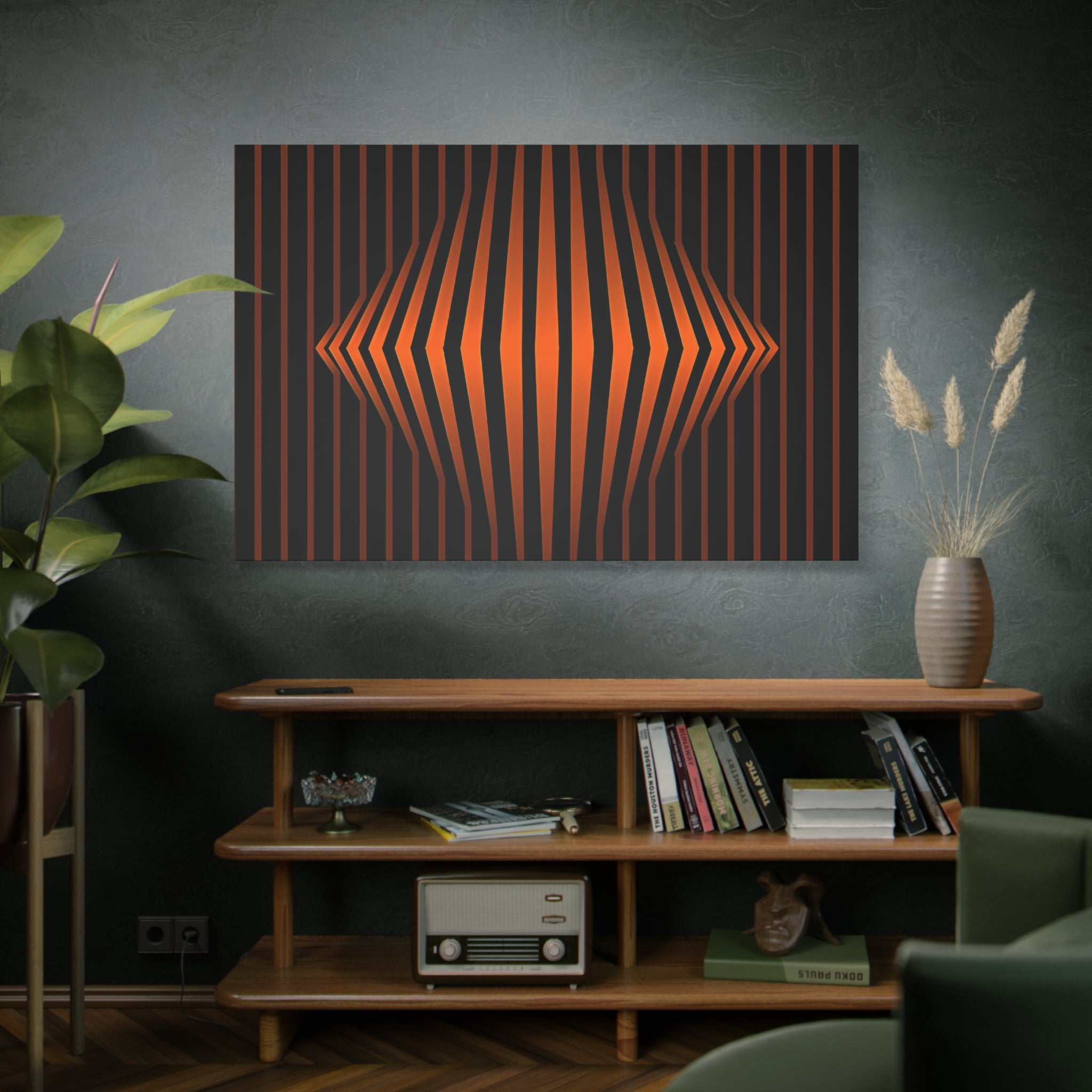 Optical Orange Stripe Canvas Wall Art – Geometric Mid-Century Abstract