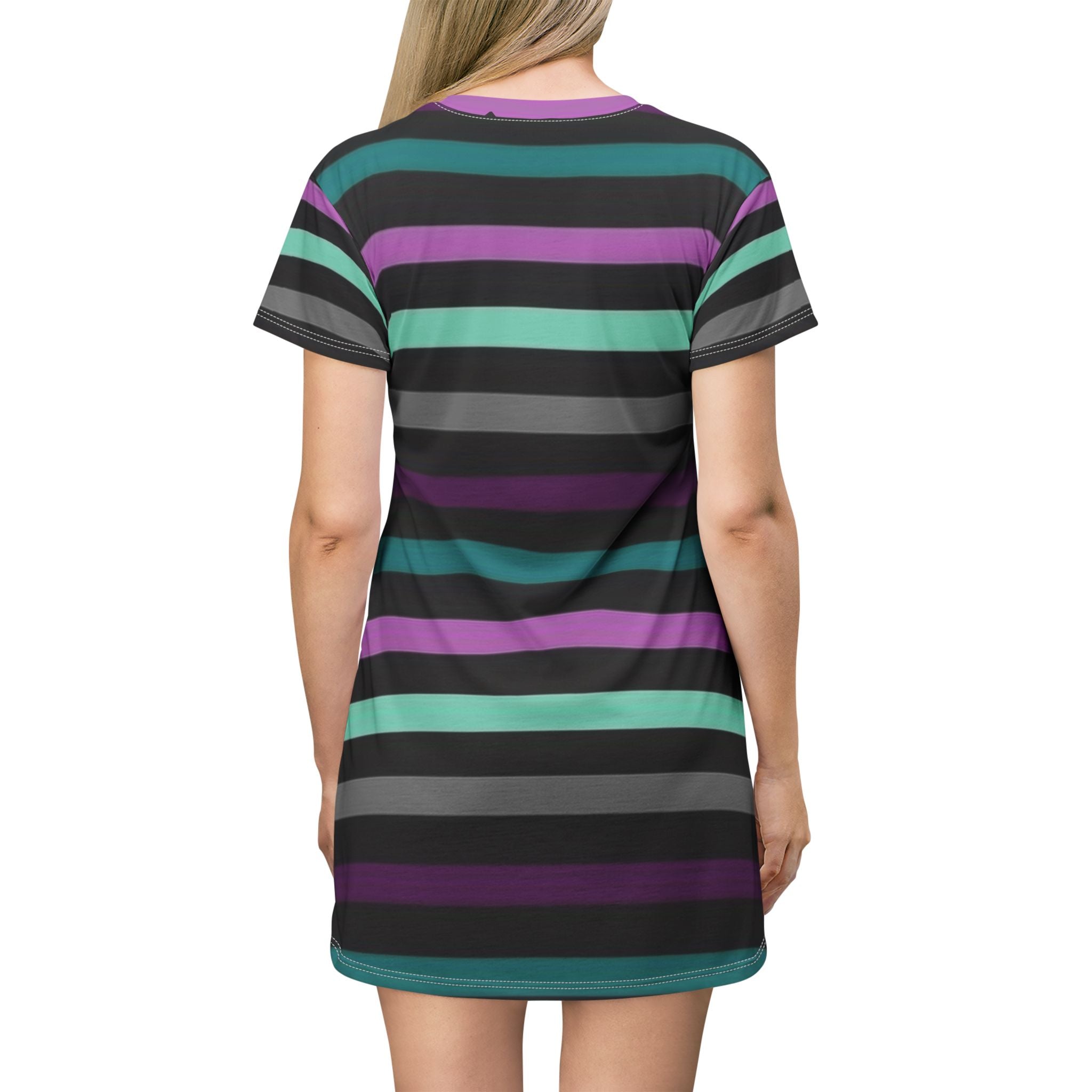 Striped Pastel Goth T-Shirt Dress — Black, Teal & Purple All-Over Print